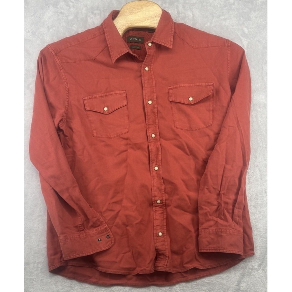 Orvis Active Fit Pearl Snap Long Sleeve Button Down Shirt Linen Blend Red Mens L - Picture 1 of 6